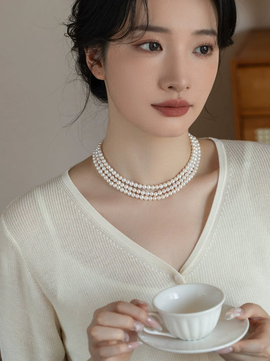 three-layer natural pearl cheongsam necklace multi-layer versatile 925 silver retro