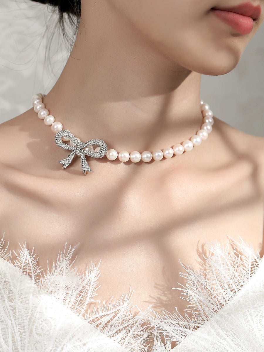 Pearl ladies model is round strong light natural freshwater real pearl choker big bow string necklace