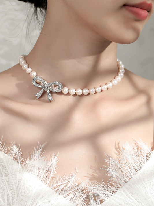 Pearl ladies model is round strong light natural freshwater real pearl choker big bow string necklace