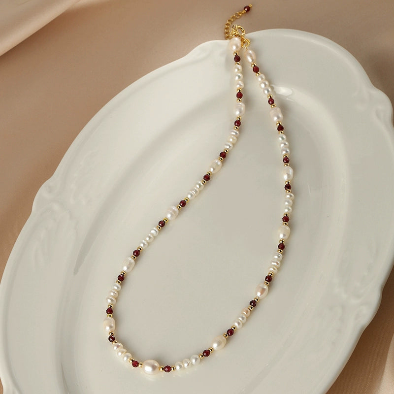 Natural pearl bracelet necklace set female French retro temperament garnet jewelry collarbone chain premium feeling neck chain