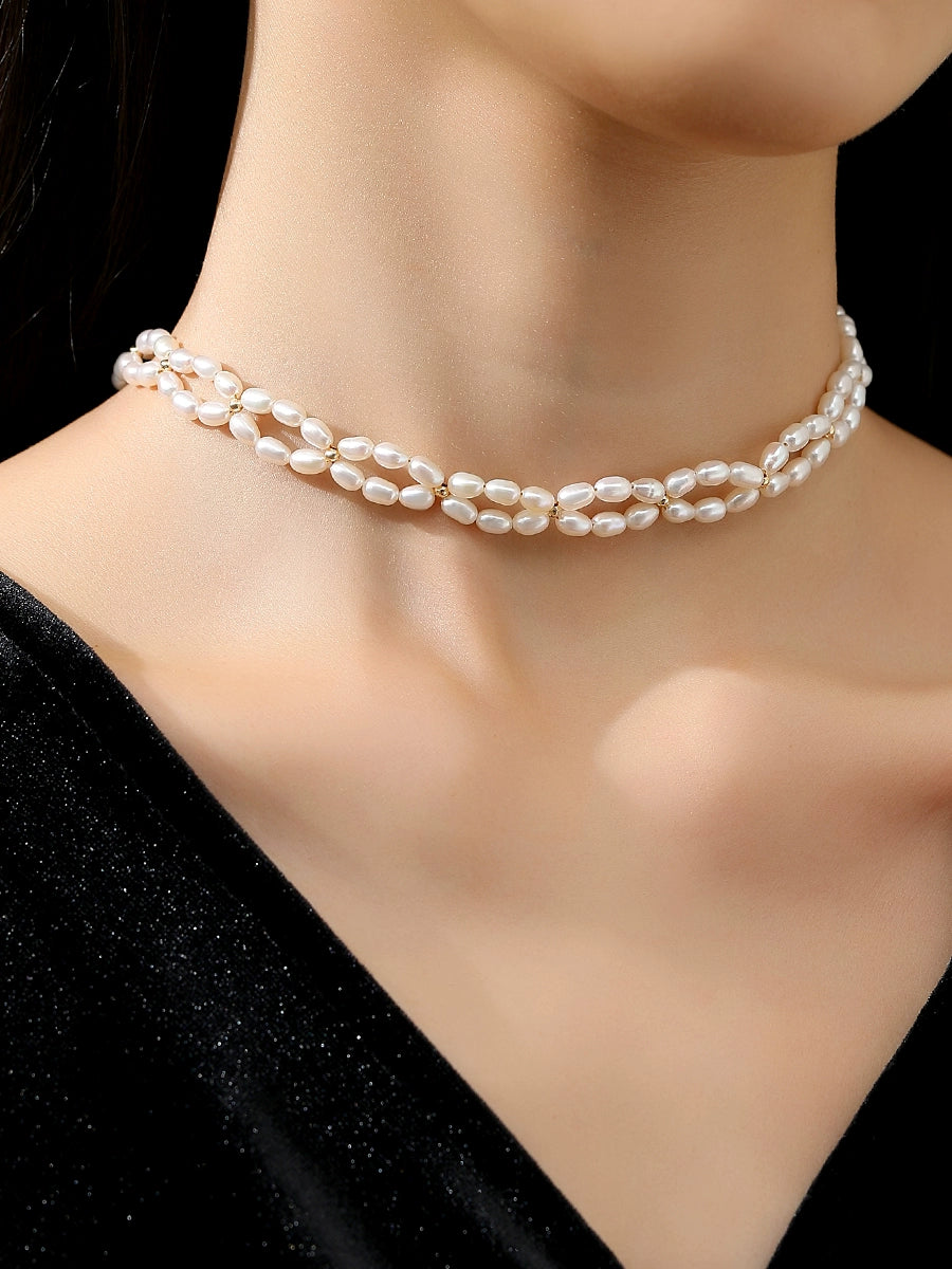 Pearl necklace 2025 new popular genuine women's natural freshwater double-layer rice bead French dress