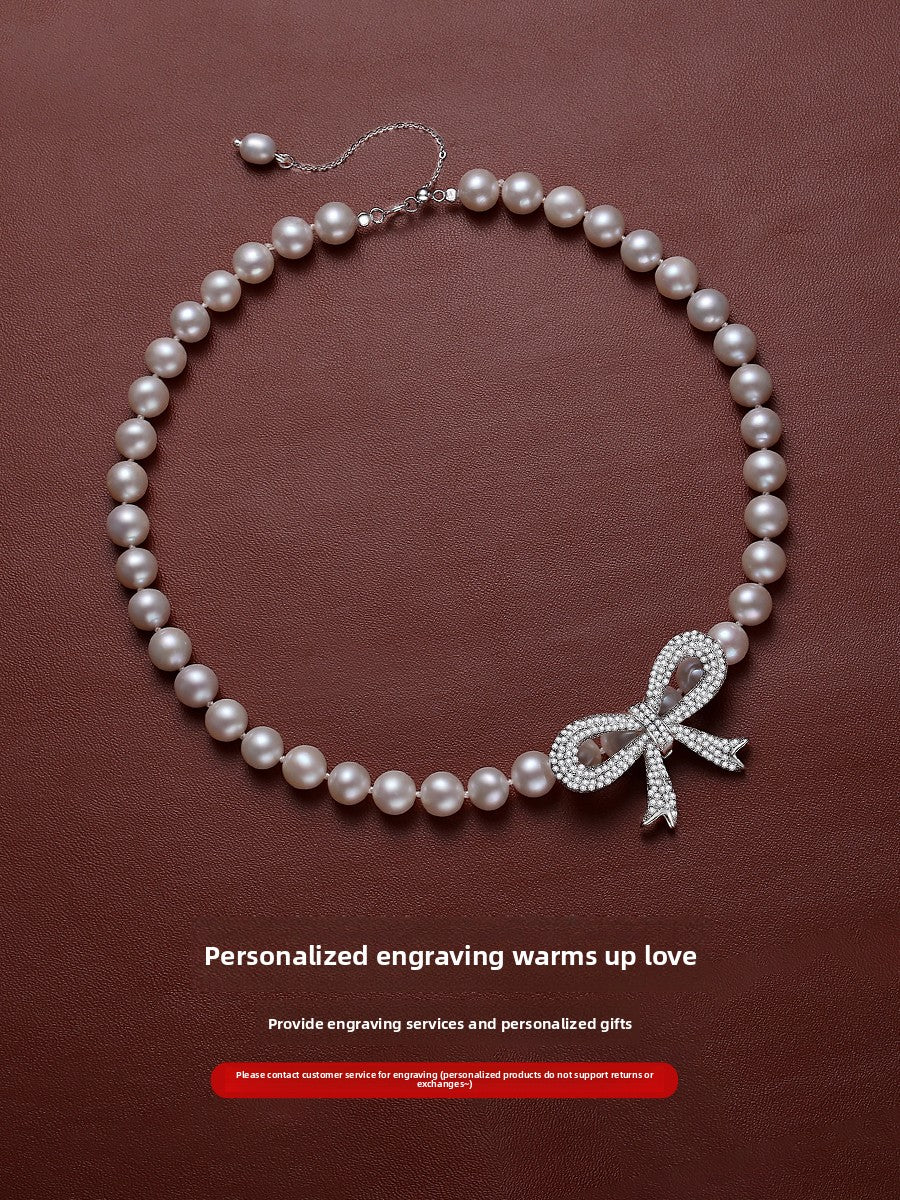 Pearl ladies model is round strong light natural freshwater real pearl choker big bow string necklace