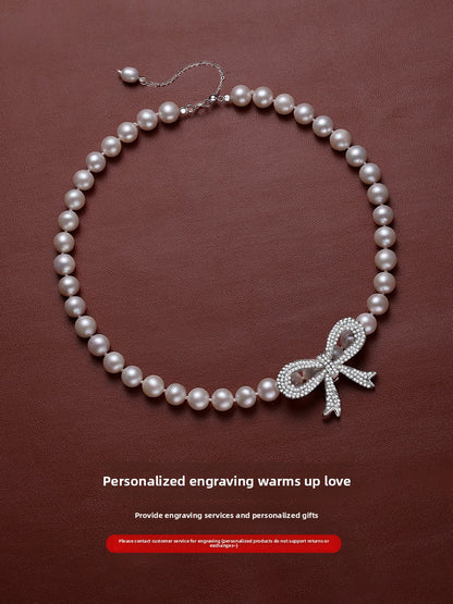 Pearl ladies model is round strong light natural freshwater real pearl choker big bow string necklace