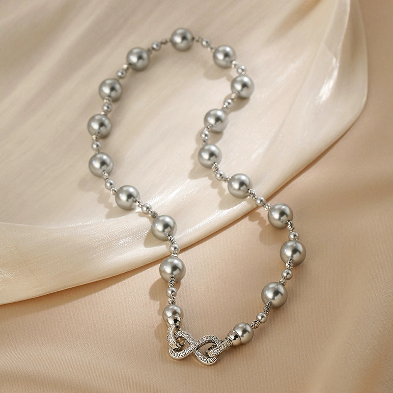 Real much hemp gray  pearl necklace women's French design sense eight-character buckle exquisite