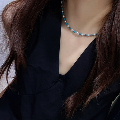 Summer Coolness Natural Freshwater 4-5mmAK Pearl Retro Turquoise Bracelet Necklace Sterling Silver Set