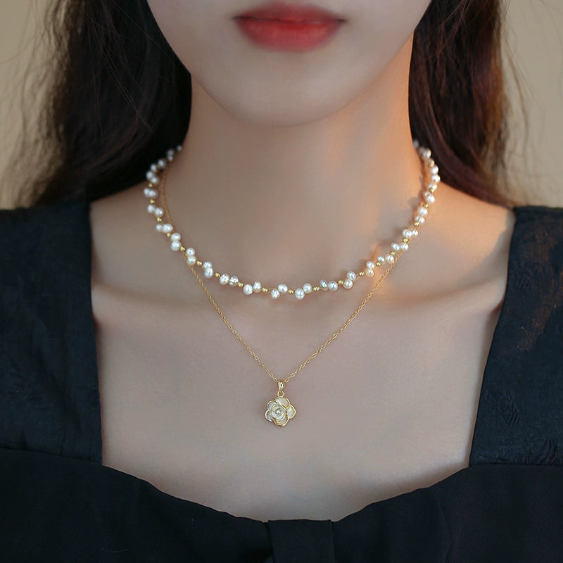 Double Stacked Wear Woven Premium Pearl Necklace Ladies Delicate Design Camellia Pendant