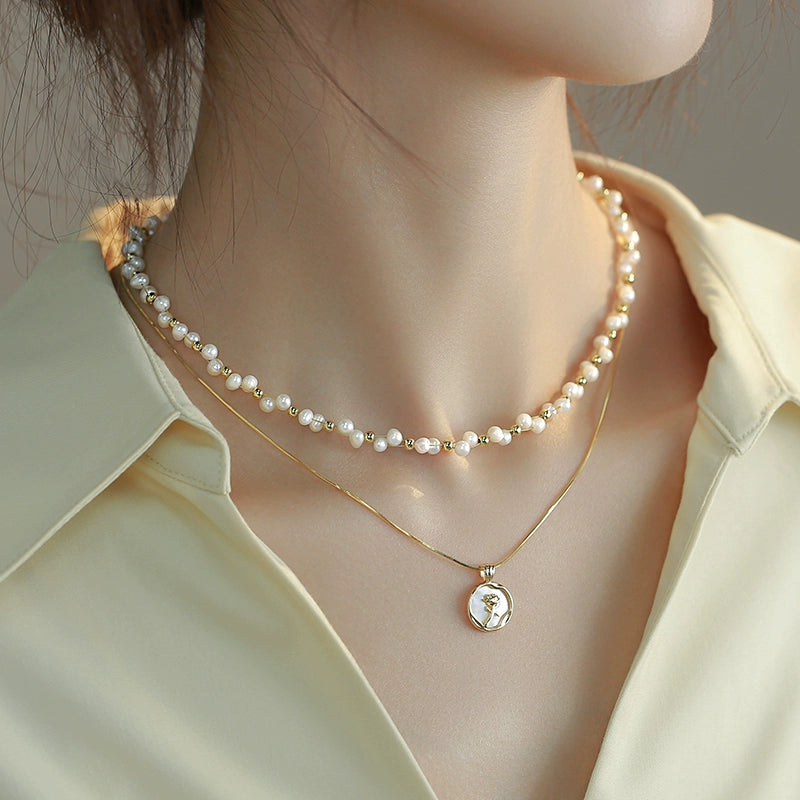 Baroque Pearl Stacked Chain Double Woven Necklace ins Ladies Raw Romantic Rose Flower Gift