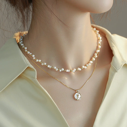 Baroque Pearl Stacked Chain Double Woven Necklace ins Ladies Raw Romantic Rose Flower Gift