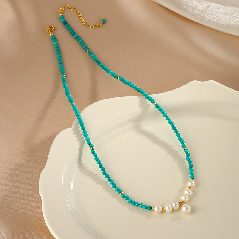 New Chinese Turquoise Necklace Women's French Design Natural Pearl Pendant