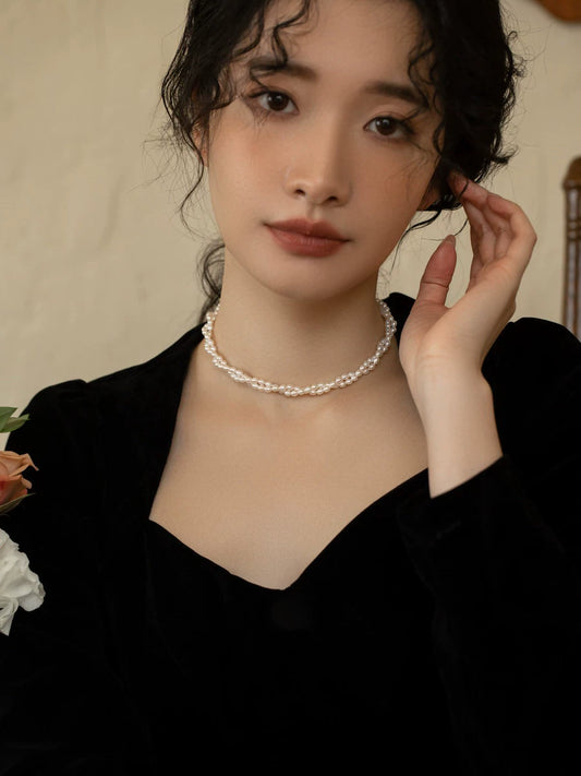 Natural freshwater pearl necklace women's chain choker retro double stacked women