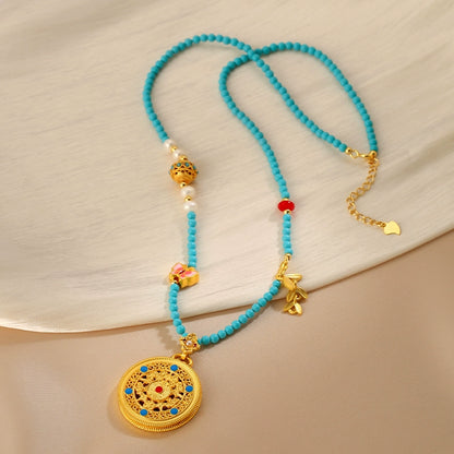New Chinese style compass pendant, turquoise necklace, women's pearl sweater chain, new explosion