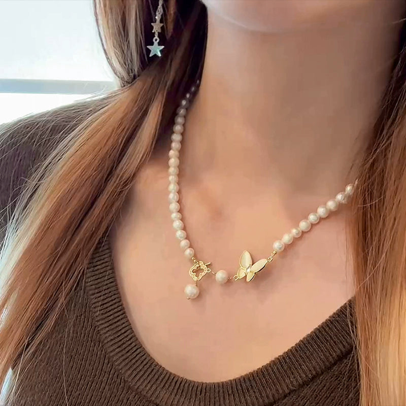 OT Buckle Natural Pearl Necklace Ladies Butterfly Pendant Design