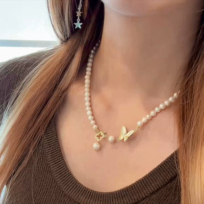 OT Buckle Natural Pearl Necklace Ladies Butterfly Pendant Design