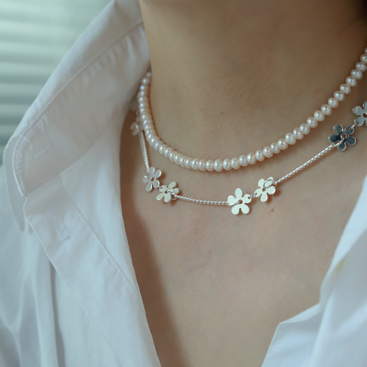 S925 Sterling Silver Flower Necklace Women's Design Premium Stacked Pearl Silver Jewelry