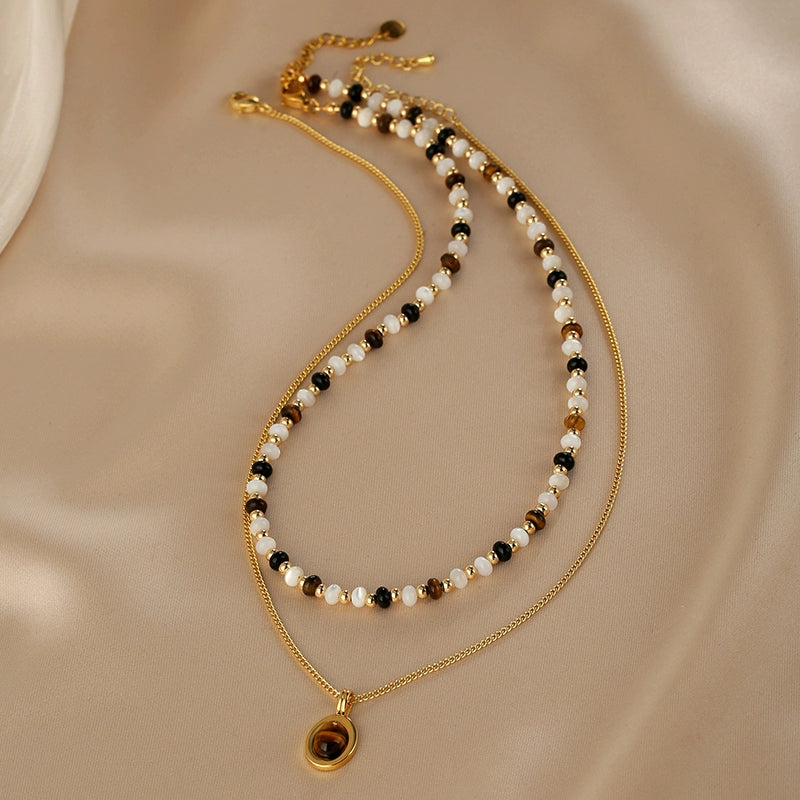 Double Stacked Fritillary Necklace Ladies Vintage Tiger's Eye Pendant Agate