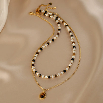 Double Stacked Fritillary Necklace Ladies Vintage Tiger's Eye Pendant Agate