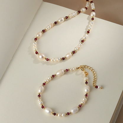 Natural pearl bracelet necklace set female French retro temperament garnet jewelry collarbone chain premium feeling neck chain