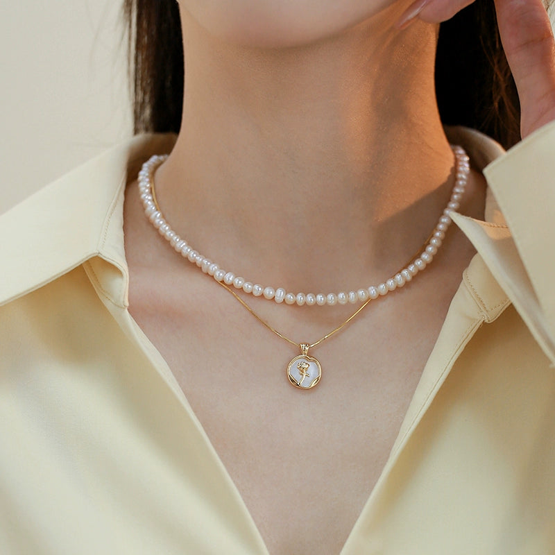 Double stacked natural freshwater pearl necklace female niche design rose pendant neck chain light luxury collarbone chain