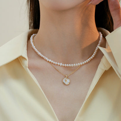 Double stacked natural freshwater pearl necklace female niche design rose pendant neck chain light luxury collarbone chain
