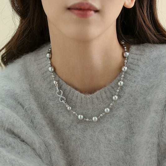 Real much hemp gray  pearl necklace women's French design sense eight-character buckle exquisite