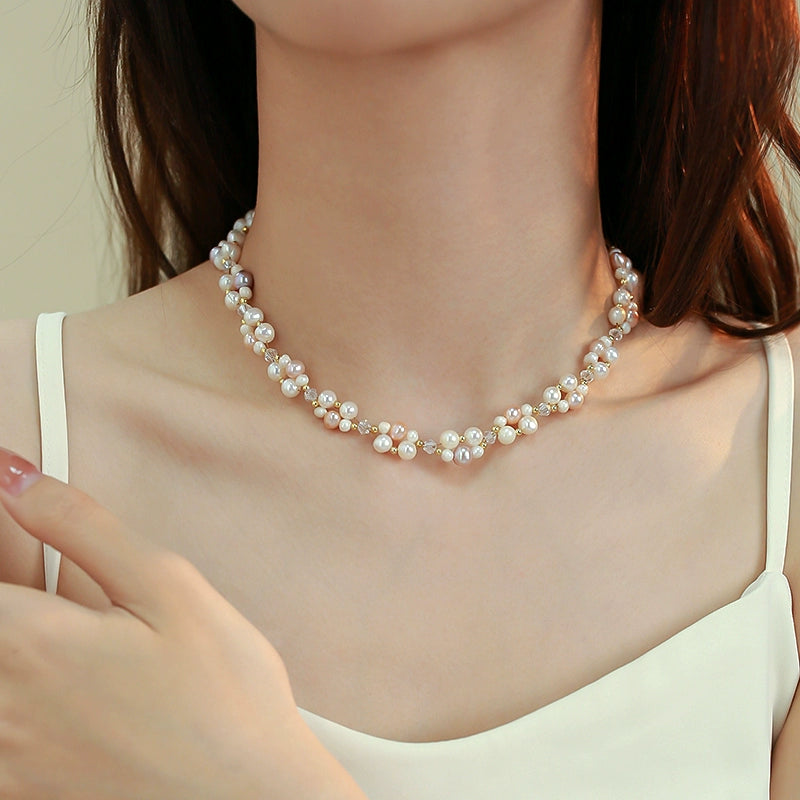 Double Layer Woven Natural Pearl Necklace Bracelet Set Ladies French Beaded Design Crystal Jewelry