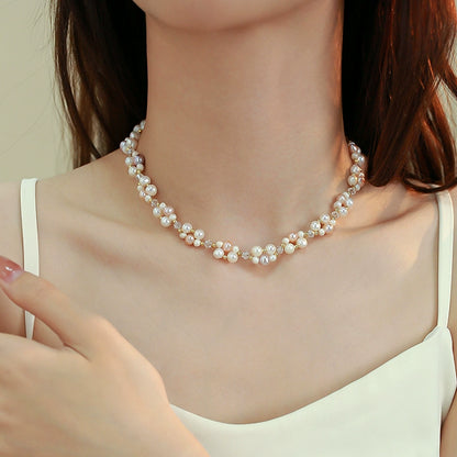 Double Layer Woven Natural Pearl Necklace Bracelet Set Ladies French Beaded Design Crystal Jewelry