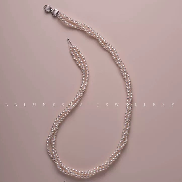 Pearl Necklace Baby Pearl Three Circles Twined Twist Chain Small Pearl Necklace 925 Silver
