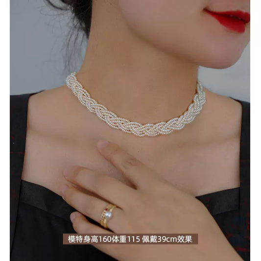 Natural freshwater pearl necklace 1-2mm baroque millet chain multi-layer woven French retro scar neck chain for women