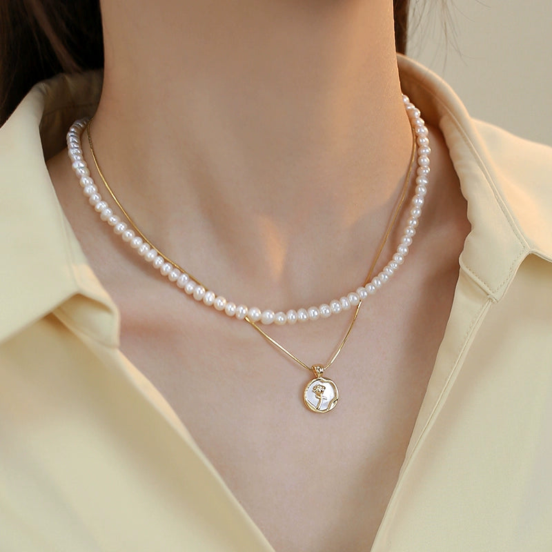 Double stacked natural freshwater pearl necklace female niche design rose pendant neck chain light luxury collarbone chain