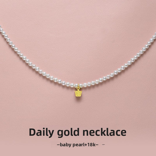 Pearl necklace women's daily gold pendant natural freshwater baby beads are round and thin