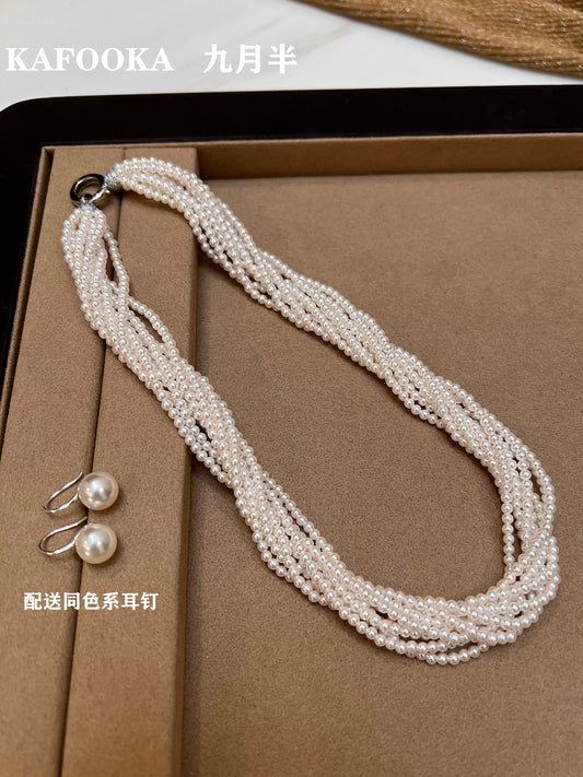 Twist Multi-layer Wrap  3mm Small Rice Pearl Necklace Ladies Princess Chain French Clavicle New