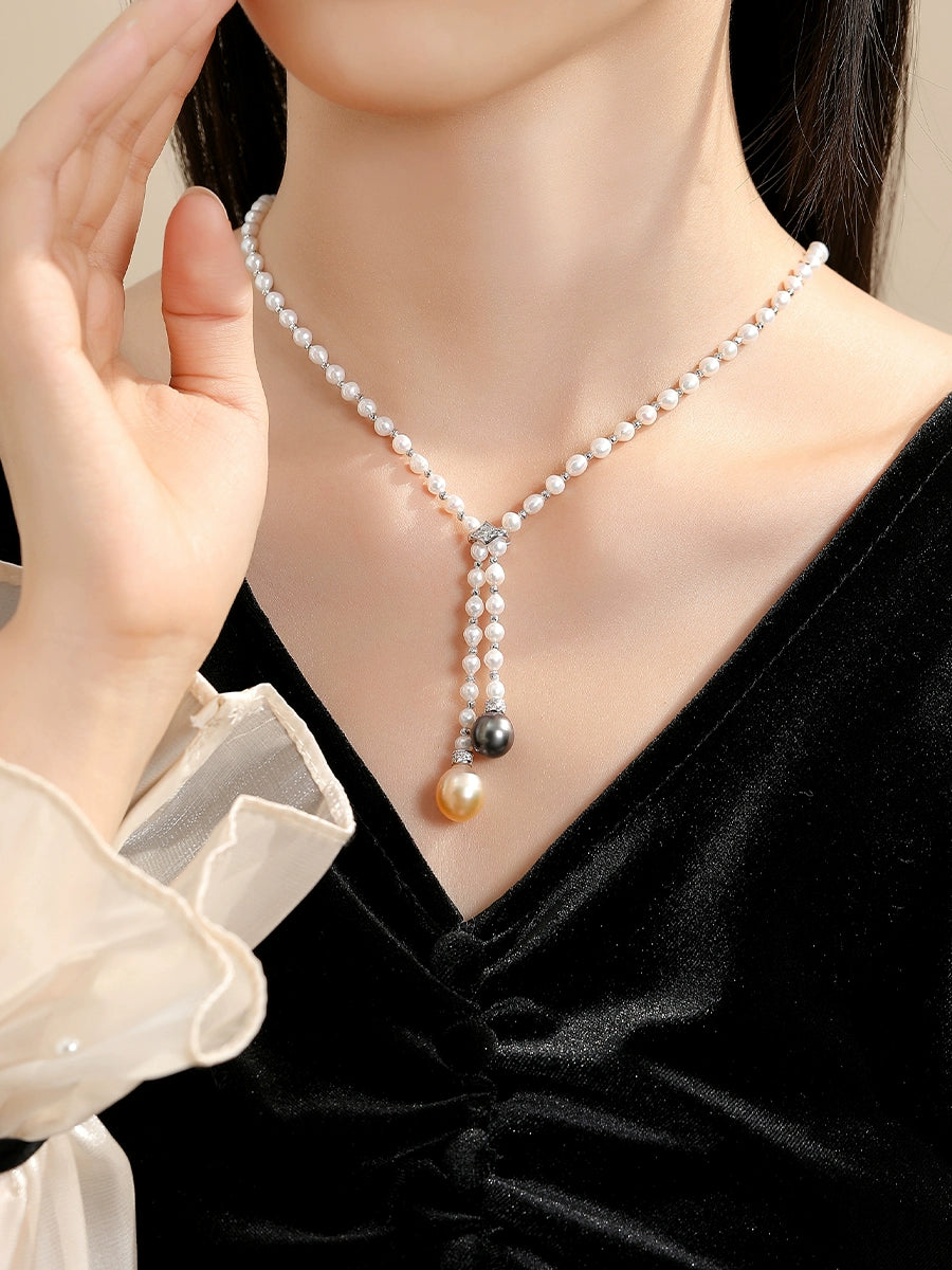 Natural Freshwater Pearl Freshwater Rice Grain Sweater Chain Ladies Strong Gold Tahitian Black Pearl Necklace