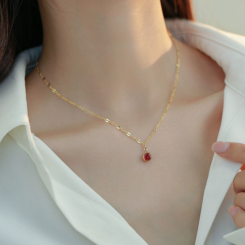 Exquisite White Diamond Pomegranate Red Zircon Pendant Necklace Ladies 14k Gold