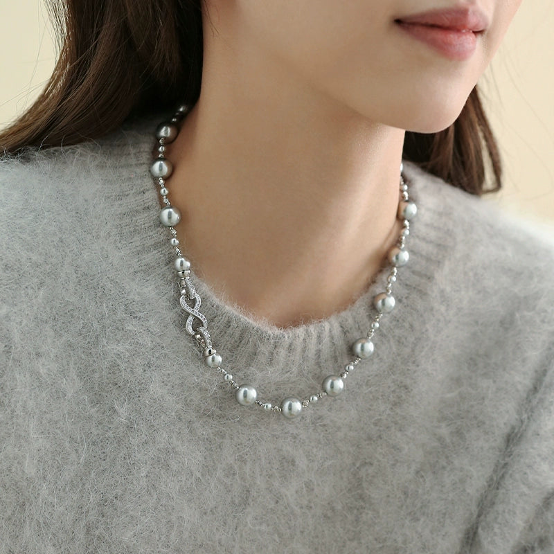 Real much hemp gray  pearl necklace women's French design sense eight-character buckle exquisite