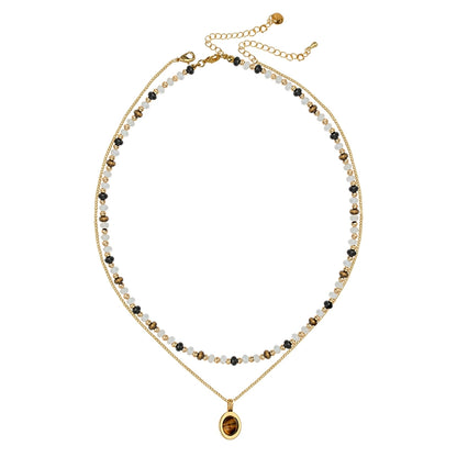 Double Stacked Fritillary Necklace Ladies Vintage Tiger's Eye Pendant Agate