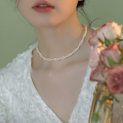 Small rice grain natural pearl necklace double layer ladies choker French retro tide