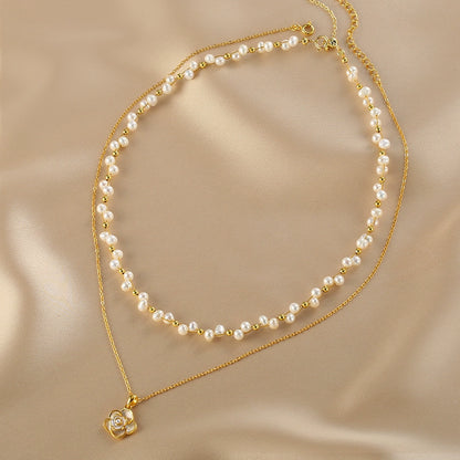 Double Stacked Wear Woven Premium Pearl Necklace Ladies Delicate Design Camellia Pendant