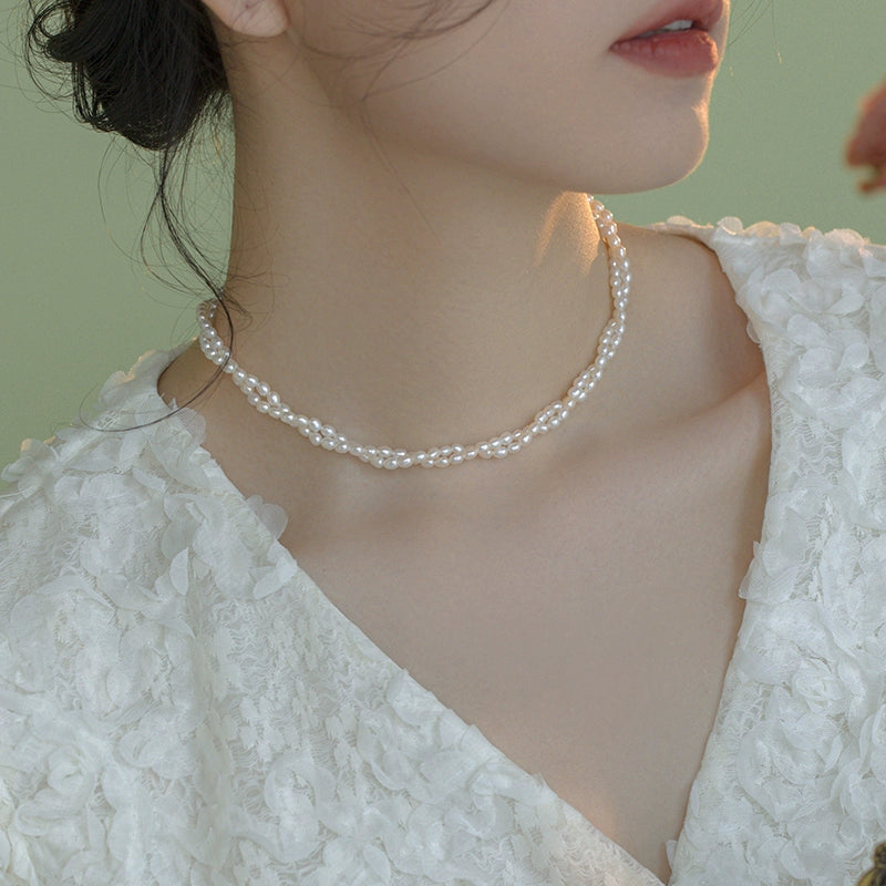 Small rice grain natural pearl necklace double layer ladies choker French retro tide
