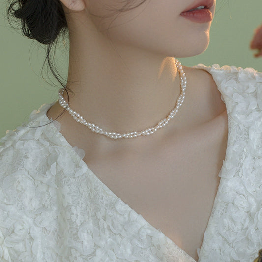 Small rice grain natural pearl necklace double layer ladies choker French retro tide