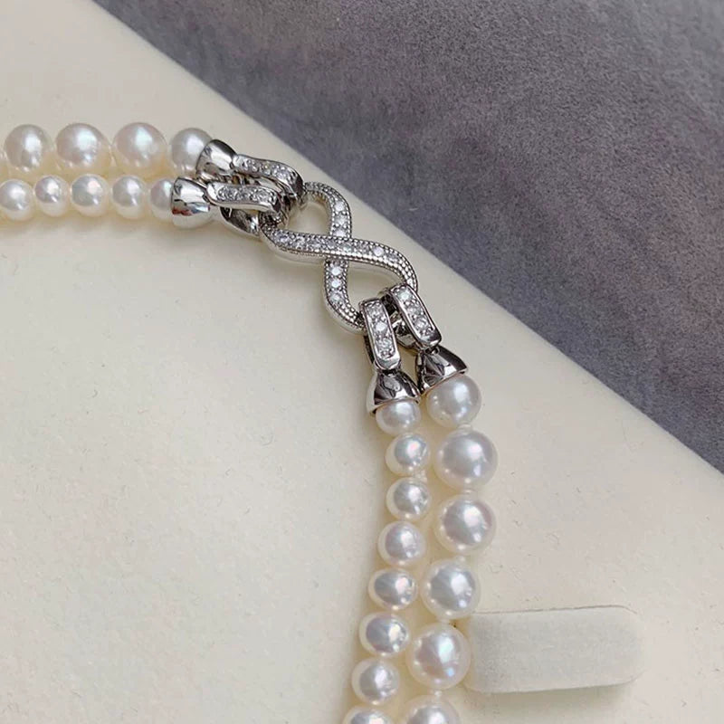 Double-layered natural seedless freshwater pearl collarbone beaded necklace