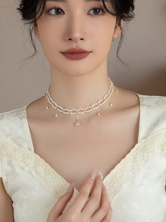 Freshwater Pearl Necklace Girls High Quality Hand-woven Millet Beads Versatile Double-layer Tassel