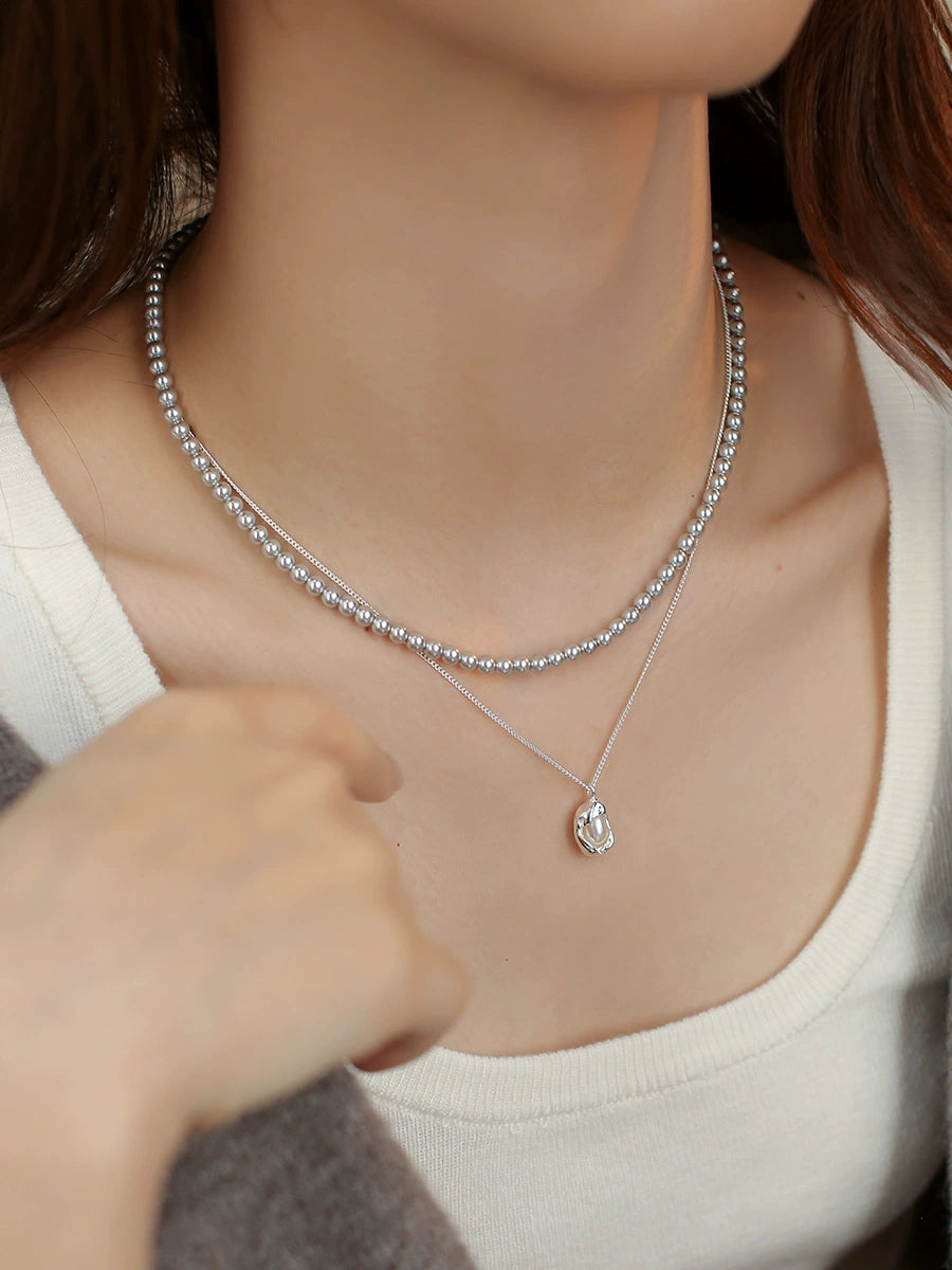 Double-layer stacked  round pearl necklace women's simple fashion S925 sterling silver