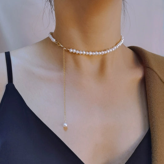 Natural Pearl Necklace Women's Adjustable American 14K Gold Retro Choker Young Stackable
