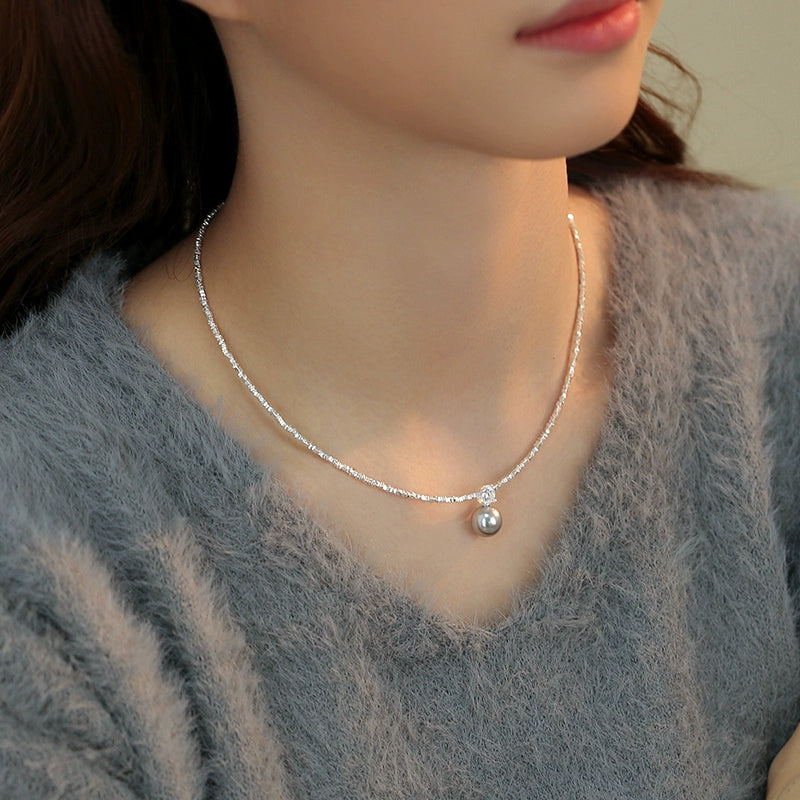 S925 Silver  Zhengyuan Single Pearl Pendant Necklace Ladies Exquisite Flash Diamond