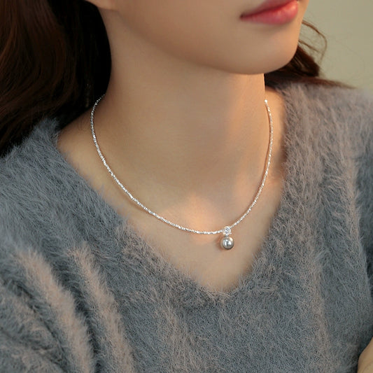S925 Silver  Zhengyuan Single Pearl Pendant Necklace Ladies Exquisite Flash Diamond