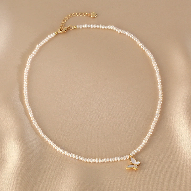 Millet bead necklace women's natural freshwater small rice grain pearl neck chain temperament advanced butterfly collarbone chain