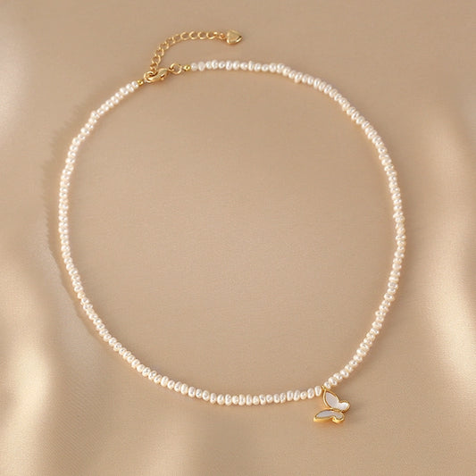 Millet bead necklace women's natural freshwater small rice grain pearl neck chain temperament advanced butterfly collarbone chain