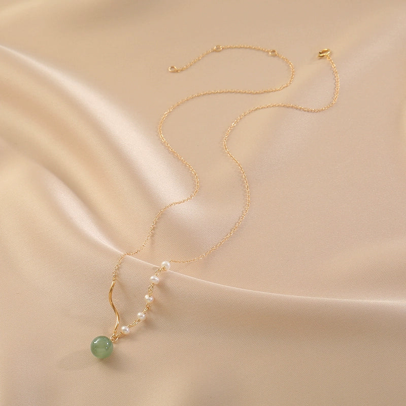 Vintage Natural Hetian Jade Pearl 14K Pack Gold Necklace Ladies