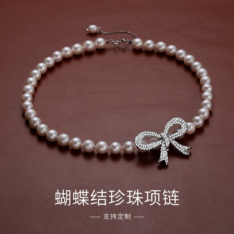 Pearl ladies model is round strong light natural freshwater real pearl choker big bow string necklace