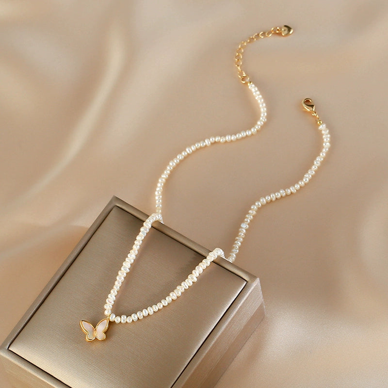 Millet bead necklace women's natural freshwater small rice grain pearl neck chain temperament advanced butterfly collarbone chain